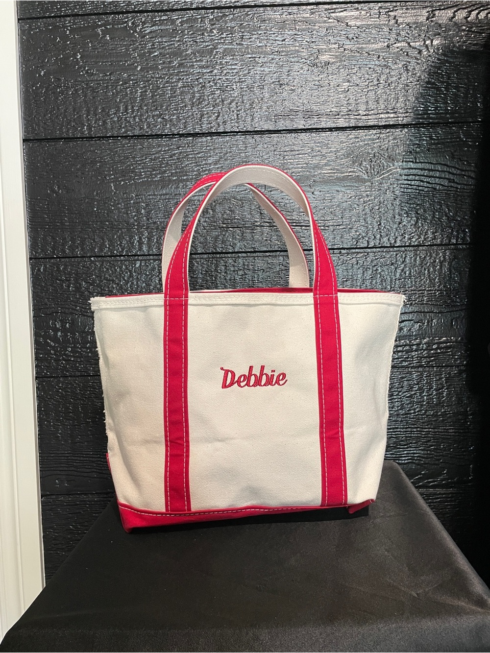 Y2K L.L. Bean Boat and Tote Bag, Medium, Cream with Red and Lettering on the